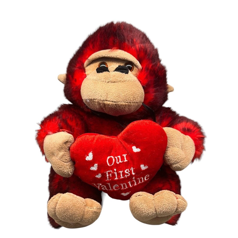 Dan Dee Our First Valentine Red Soft Fuzzy Plush Monkey Holding Heart Pillow 10"